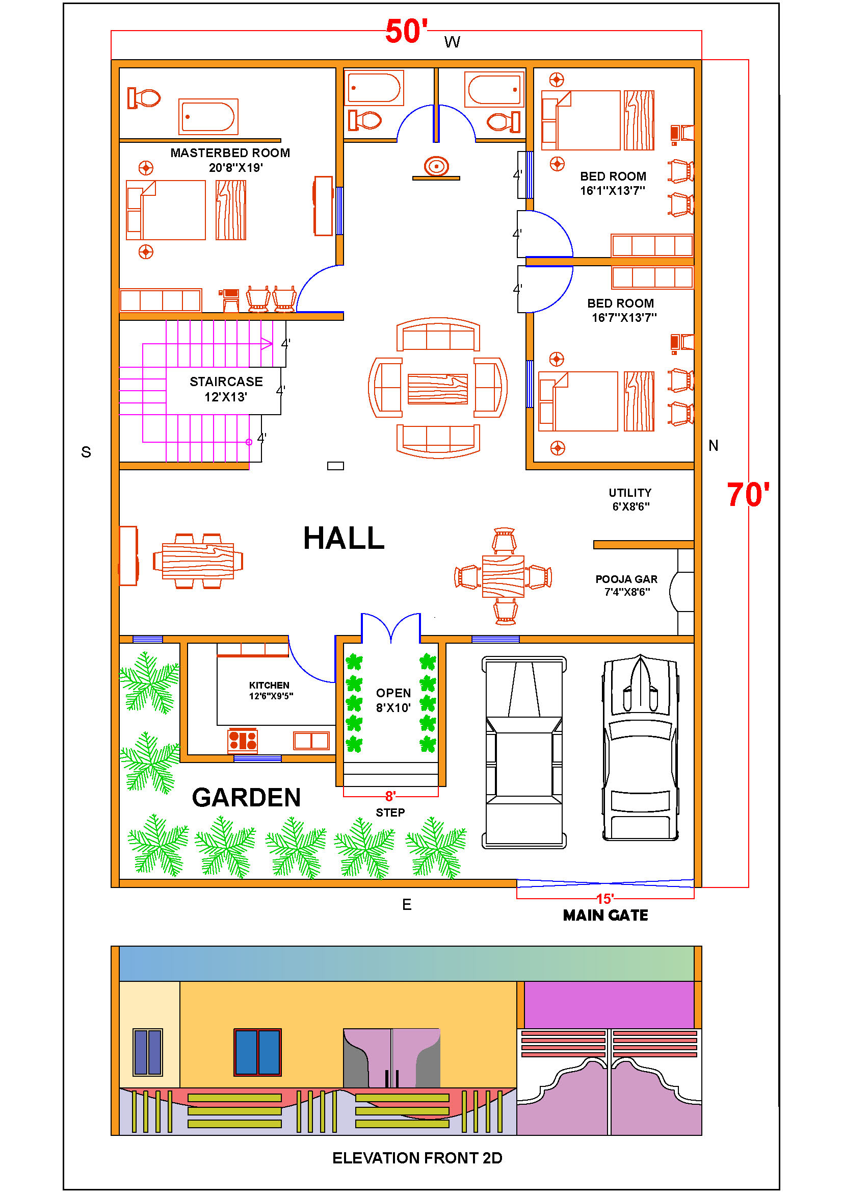 Free Download AutoCAD House Plan for 50'x70' Plot